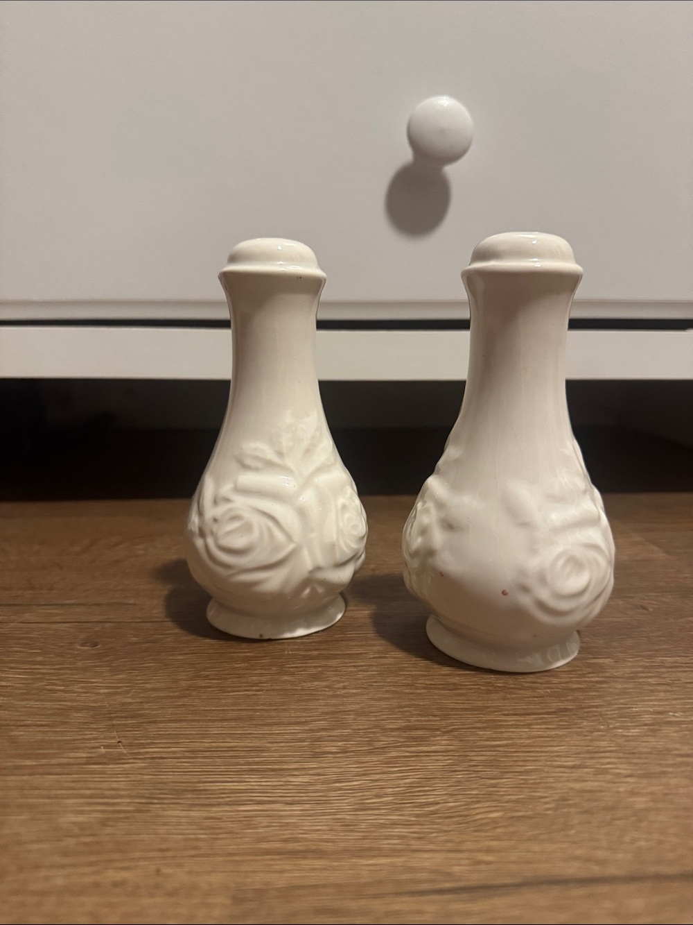 Source Unknown White Ceramic Rose Embossed Vases - Pair